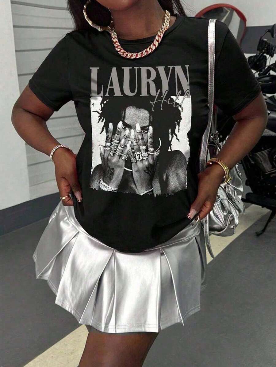 Women's White Oversized Crew Neck T-Shirt Lauryn Hill Theme Print Black & White Portrait Name Mark Minimalist Hip-Hop Style Top Fan Outing & Commute Fresh Piece, Retro Loose-Fit - 後退 - 查看 1