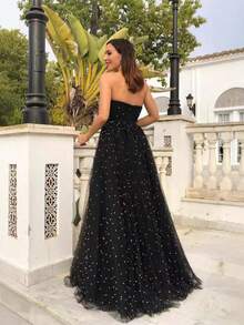 Women's Strapless Sleeveless Dresses With Rhinestones, European American Style, New Season Collection, Fitted, Elegant, Casual, Ideal For Parties, Versatile - 黑色 - 查看 2