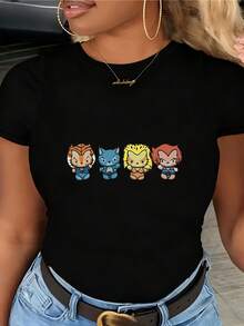 Tiendas Locales, Camisas de Hombre, Ropa de Hombre, Camisetas de Hombre, Camiseta  189G Blanca y Negra, Estampado de Personajes de Dibujos Animados, Impresión de Alta Calidad, Cuello Redondo, Corte Holgado Básico, para Hombres y Mujeres, Transpirable, Secado Rápido, Versátil, Lavable a Máquina, Cómoda, Tallas S ~ 2XL, Uso Diario, Casual, Deportivo, Esencial para el Verano. - Negro - Ver 1