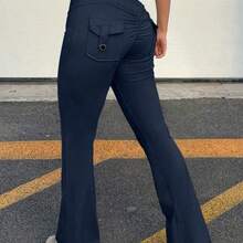 Pantalones cargo con estiramiento alto que levantan el trasero, con bolsillos, adecuados para ejercicios de glúteos, deportes y fitness, con cintura ancha de talle alto y pernera acampanada, para mujer, primavera - Albaricoque - Ver 6