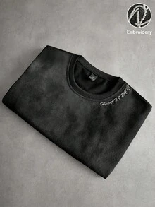 Manfinity Men's T-Shirt With Dark Letter Print On Washed Fabric, INS Street Style, Suitable For Music Festivals, Clubs, Gift For Boyfriend/Husband, Anniversary Gift. Unisex Washed T-Shirt. Y2K Style, Fashionable Style, Cute Style, Casual Style, Women's Blouses > Clothing. 230g (Sizes S-XXXL) - 4 - 查看 1