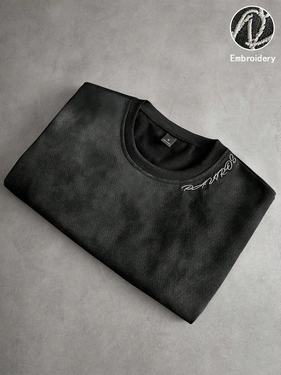 Manfinity Men's T-Shirt With Dark Letter Print On Washed Fabric, INS Street Style, Suitable For Music Festivals, Clubs, Gift For Boyfriend/Husband, Anniversary Gift. Unisex Washed T-Shirt. Y2K Style, Fashionable Style, Cute Style, Casual Style, Women's Blouses > Clothing. 230g (Sizes S-XXXL) - 4 - 查看 1