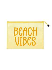 Bolsa de cosméticos de malla impermeable con estampado BEACH VIBES, bolsa de playa de tela de malla multicolor de moda, tema de playa. Bolsa de maquillaje de malla transparente con cremallera de nylon de gran capacidad, organizador de artículos de tocador de viaje ligero, bolsa de almacenamiento portátil para guardar protector solar, cuidado de la piel, herramientas de belleza, aperitivos, bikinis & artículos esenciales de playa, almacenamiento de primavera & verano - Multicolor - Ver 16
