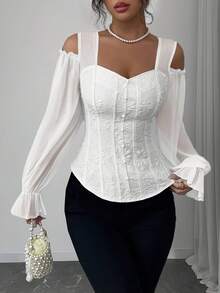 Fashionable Open-Style Design With Long Floral Jacquard Sleeves And Adjustable Shoulder Straps - 白色的 - 查看 6