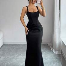 Nuevo vestido de verano sexy, vestido negro, vestido de sirena con cuello cuadrado francés, adorno de falso hueso, diseño de drapeado en la cintura, vestido de cola de pez, vestido para invitada de boda, adecuado para vacaciones, citas, fiestas, San Valentín, bodas DG - Gris - Ver 7
