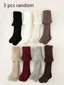 3 paires de leggings thermiques doublés de couleur unie pour tout-petits/filles/bébés, rayures verticales simples, chauds et confortables, conviennent pour le port quotidien et les vacances en automne/hiver, couleur et style aléatoires - Multicolore - Voir 11