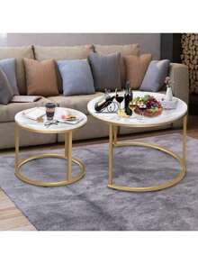 Gold-Plated Nesting Round Coffee Table With Wood Grain Marble Top And Sturdy Metal Frame, Suitable For Living Room, Bedroom, Balcony And Patio As Side Table - Gold - View 6