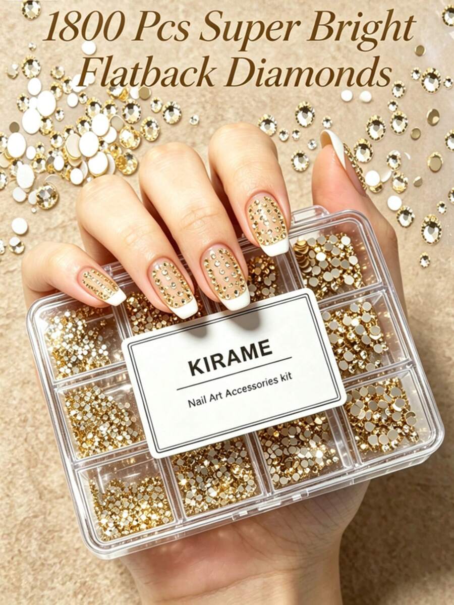 KIRAME 1200顆平底白色水鑽美甲貼片 - 12件組DIY美甲套組附點花工具，1-5mm閃亮美甲水鑽，適用於美甲沙龍、美甲供應商、美甲用品、聖誕節、新年、旅遊與夏季美甲、節日禮物