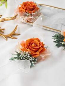 1 pièce/2 pièces Rose orange avec hortensia bordeaux et gypsophile blanc, style Mori, corsage élégant et fleur de poignet, convient pour le marié, la mariée, les garçons d'honneur et les demoiselles d'honneur - orange - Voir 4