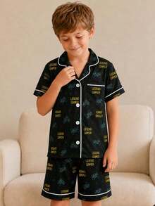 青少年男孩黑色遊戲機圖案領短袖單排扣上衣與短褲休閒睡衣2件組 - 香檳色 - 查看 2