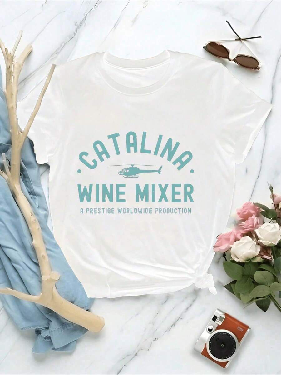 Stylish 1-Piece Daily Outfits [New Products Arrive With Great Force] Black T-Shirt With Catalina Wine Mixer Design, Graphic, Fun, Comfortable And Versatile, Pure Cotton Printed T-Shirt With Letter Pattern, Unisex Style, Unisex T-Shirts For Summer Outings, For Women, Loose Summer Clothes For Women - 白色 - 查看 1