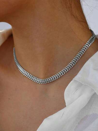 VJS 1 pieza Collar de cadena de trigo minimalista de acero inoxidable 304, accesorio versátil de joyería de moda para mujer