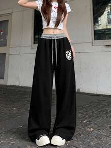Contrast Color Letter & Number Fabric Drawstring High Waist Women Casual Pants, Suitable For All Seasons Black - Black - View 1