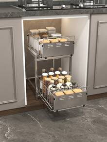 1pc 2-Tier Kitchen Storage Rack, Sink Organizer, Kitchen Utensil Storage Box, Spice Storage Box, Multi-Compartment Drawer-Style Storage Rack, Suitable For Kitchen, Bathroom, Can Store Mugs, Coffee Cups, Etc. - Grey - View 7