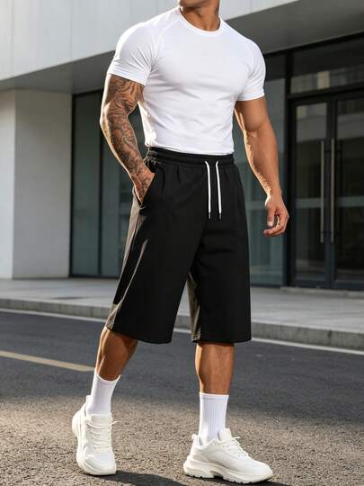 Men's Elastic Waist Drawstring Loose Casual Cropped Shorts, Black Streetwear Style Shorts With White Drawstring, Comfortable Home And Shorts Sports