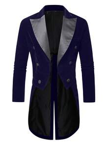 British Style Velvet Tailcoat Men's Slim Fit Satin Peak Lapel Double Breasted Evening Formal Jacket - Blue - View 3