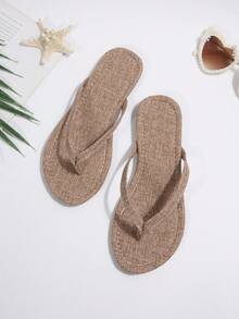 Women's Flip Flops Spring/Summer Street Style, Casual, Vacation Fashion, Solid Color, Flat, Versatile, Non-Slip, Thong, Beach Sandals/Slippers, New Spring/Summer Arrival, Round Toe, Flat Flip-Flops. - Camel - View 2
