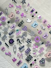 1pc Sweet Punk Style 6D 3D Embossed Nail Stickers, Pink & Black Color Scheme With Skull, Bear, Lightning, Skeleton Hand & Fun Text, Subculture Vibe, Suitable For Streetwear, Y2K Look, Sweet Punk Nails, Party Occasions, Ideal For Subculture Enthusiasts, Students, Nail DIY Beginners, Personalized Girls - Multicolor - View 8