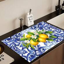 1pc, Home Decor, Vintage Lemon Pattern Printed Absorbent Mat, Dish Drying Mat, Espresso Machine Countertop Absorbent Mat, Draining Mat, Sink Drainage Mat, Soft Faucet Absorbent Mat, Sink Coaster, Kitchen Supplies, Bathroom Supplies - Multicolor - View 4