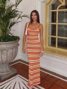 Women's Minimalist Elegant Solid Color Casual Sweater Dress, Spring/Summer Vacation Beach - Multicolor - View 4