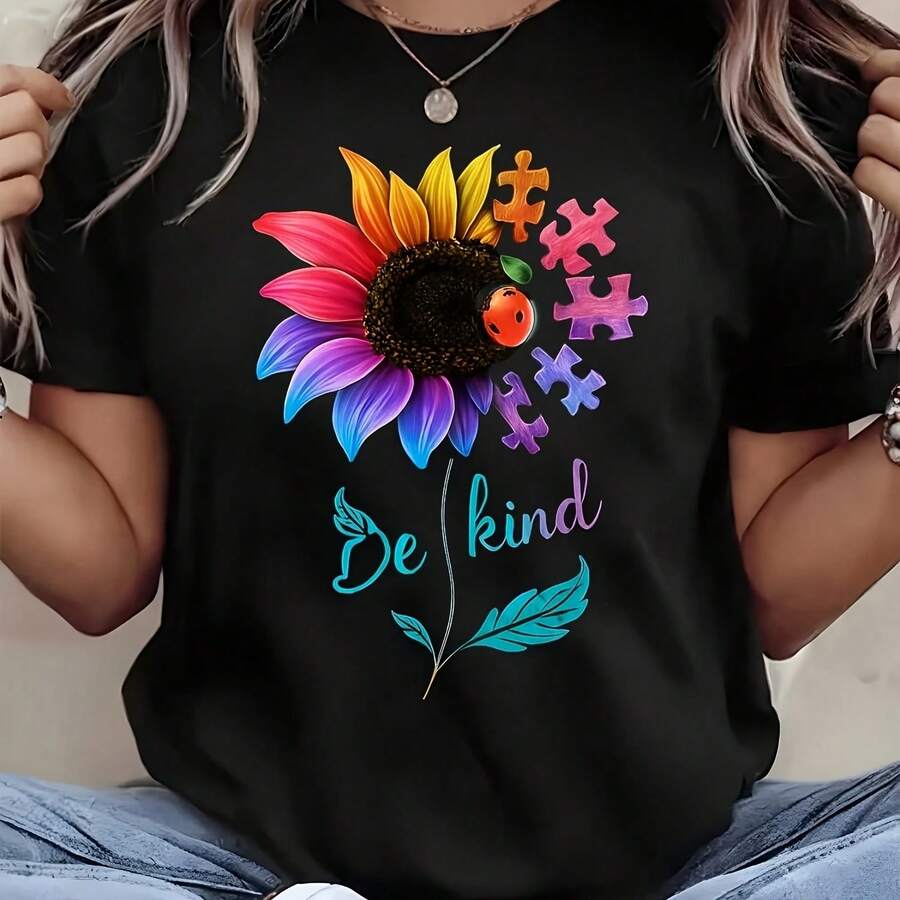 Colorful Suower And Puzzle Pieces Print Be Kind Text T Shirt For Awareness Day Comfortable Cotton T Shirt Suitable As A Gift - Negro - Ver 1