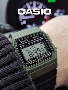 CASIO 軍事復古方型：中性綠色錶殼黑色樹脂數位手錶，30M防水附綠色LED背光 F-91WM-3A - 黑色 - 查看 3