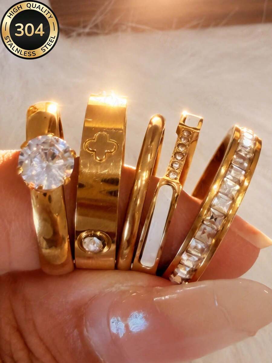 Znice 2026 新款不鏽鋼 18K 金鍍法式極簡個性化全水鑽花朵戒指組，可疊戴或單獨配戴，適合派對、禮物、日常穿搭、多種場合，耐用飾品，防水不褪色，適用於海灘度假
