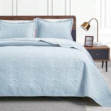 Queen Quilt Bedding Set, Lightweight Soft Bedspreads Coverlets With 2 Pillow Shams, Modern Aqua Blue Quilts Queen Full Size For All Seasons - Sky Blue - View 3