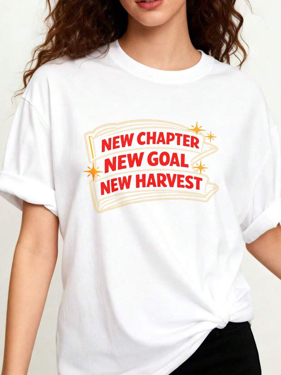 Plus Size Premium - Women's 100% Cotton Crew Neck T-Shirt, Casual Urban Style, Graphic Design 'New Chapter, New Goals, New Achievements', Ideal For Spring And Summer, Graduation Gifts, - 白色 - 查看 1