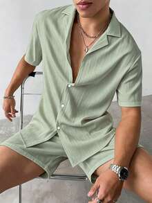 Men's 2-Piece Vacation Set, Old Money Style Textured Fabric Solid Color Cuban Collar Button-Up Shirt, Elastic Waist Shorts, Loose Fit Neutral White Linen, Gift For Husband - Green - View 1