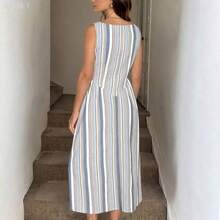 jianchaimaoyi02  X GALILEA  LUNE Vestido midi entallado en la cintura con pliegues, de cuello redondo y sin mangas, de tela de algodón a rayas, casual, elegante para el resort y uso diario para mujeres - Azul y blanco - Ver 11