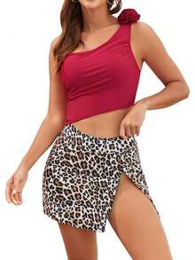 Trajes de Baño para Mujer Completos Bañador con Un Hombro Cintura al Descubierto con Falda para Playa - Rojo - Ver 13