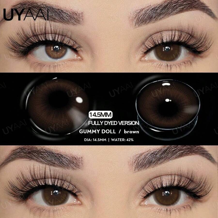 UYAAI 1 Pair Of Natural Brown 14.5mm Annual Wear 42% Water Content Full Coloring, Double Magnification Eyes Soft Hydrogel Makeup Pupil Super Comfortable Suitable For Daily Clothing, Office Wear And Romantic Occasions - Brown - View 1