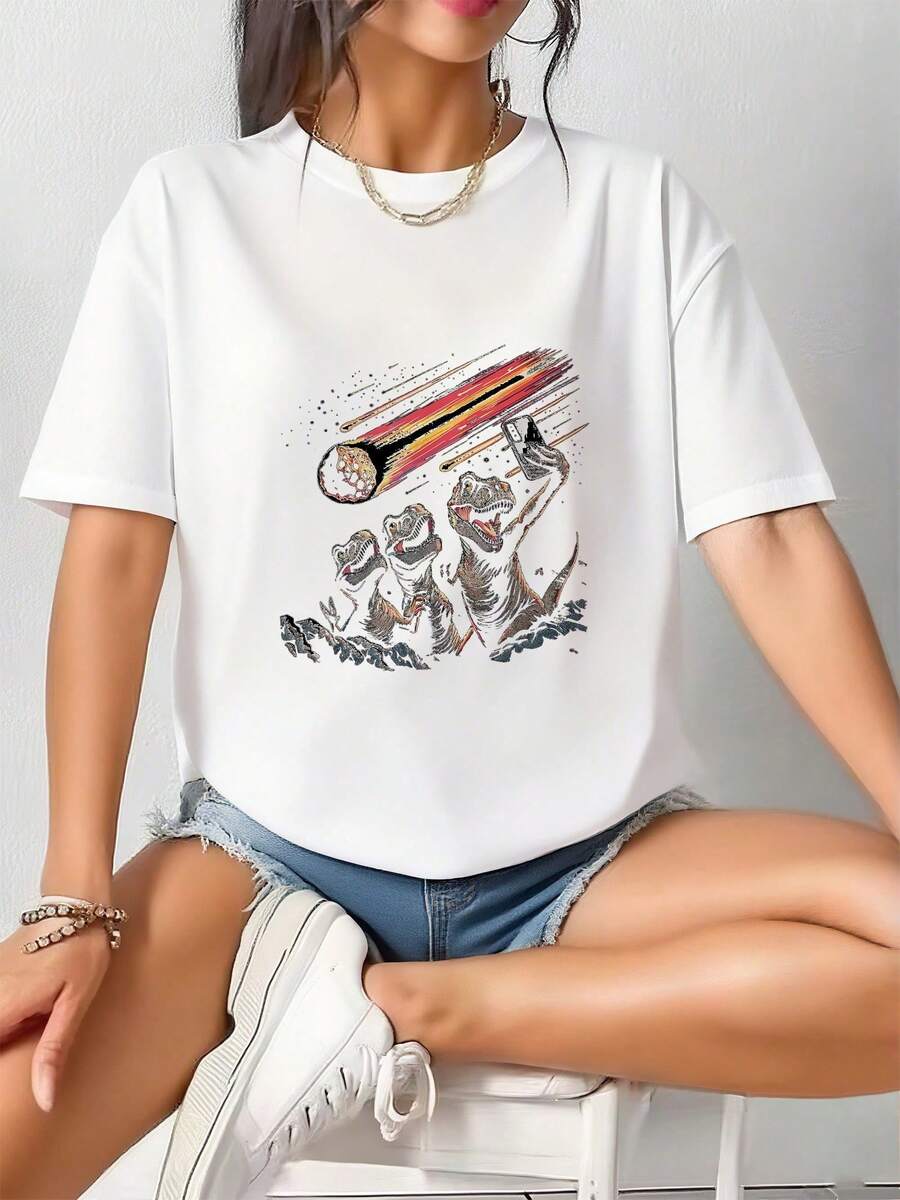 Retro Seashell Print T-Shirt For Ocean Lovers, Loose Fit Retro Tee - White 3 - View 1