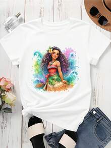 Disney Women Casual  T Shirt Black Moana Princess Print Summer Outfit - White - View 3