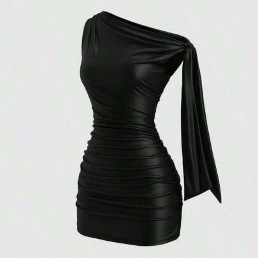 Nana's Women's Clothing Store  Nuevo vestido mini de verano de ajuste ceñido con cuello asimétrico, cintura fruncida y detalles de volantes laterales, en tela elástica con revestimiento de color vino tinto, adecuado para club, fiesta, cóctel y uso diario - Negro01 - Ver 1