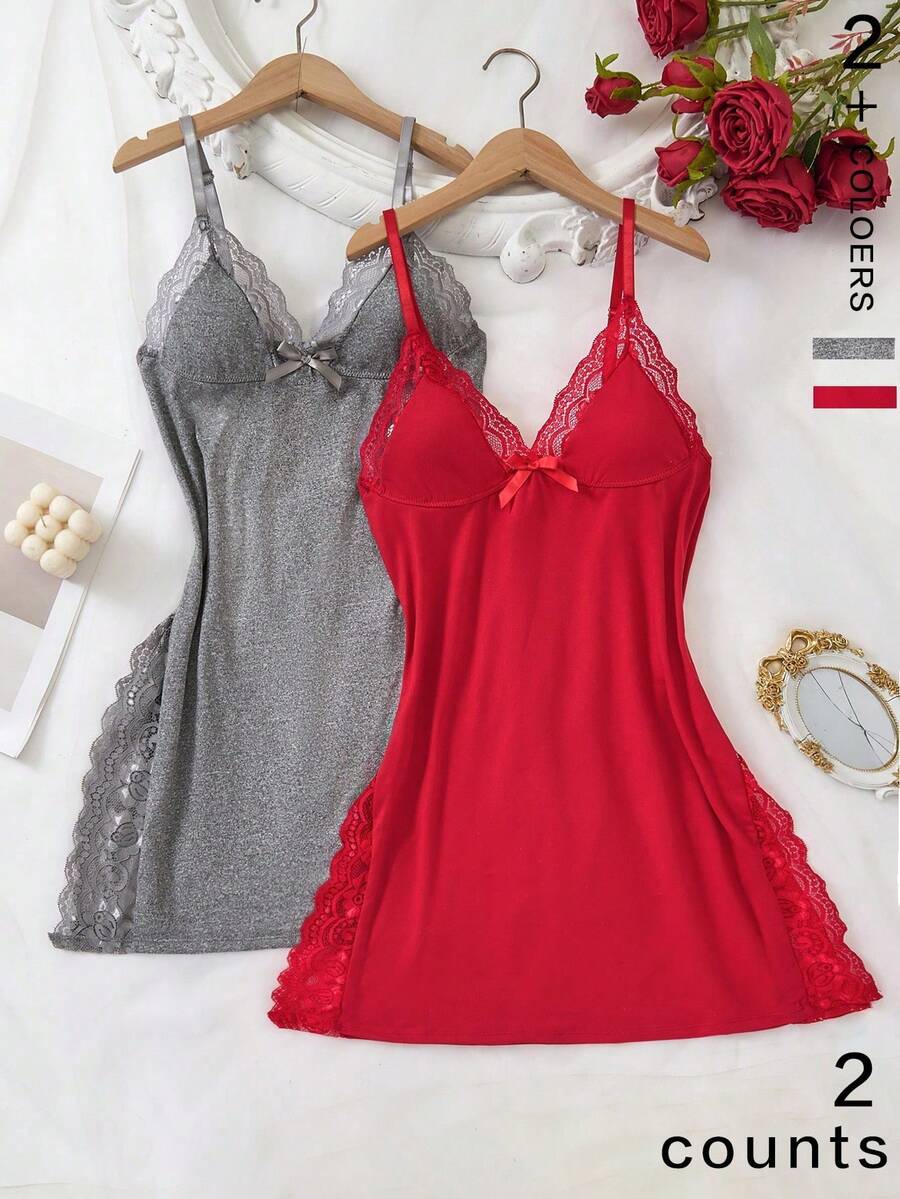 2-Piece Romantic Nightgown With Side Slit, Decorated With Lace And Bow - Multicolor 5 - View 1