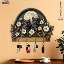 Black Cat Theme Wooden Key Holder, Multi-Functional Wooden Home Decor Wall-Mounted Key Storage Rack, Creative Cat-Shaped Storage Shelf, Entryway Hook, Wall Decor, Porch Decor, Room Decor, Villa Decor, All-Season Home Decor, 2D Flat Design, 1pc - Two Black Cats - View 5