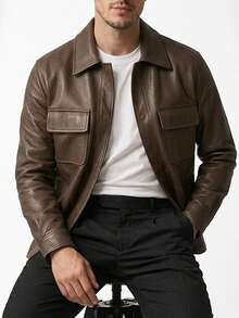 Men's PU Leather Jacket With Pockets, Casual, Stylish, Premium Fashion, Winter, Button-Down, Streetwear, Old Money - 鏽棕色 - 查看 3