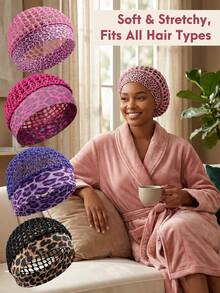 1pc Leopard Print Satin Patchwork Sleeping Cap, Suitable For Curly And Straight Hair Sleep Bonnet - Multicolor - View 9