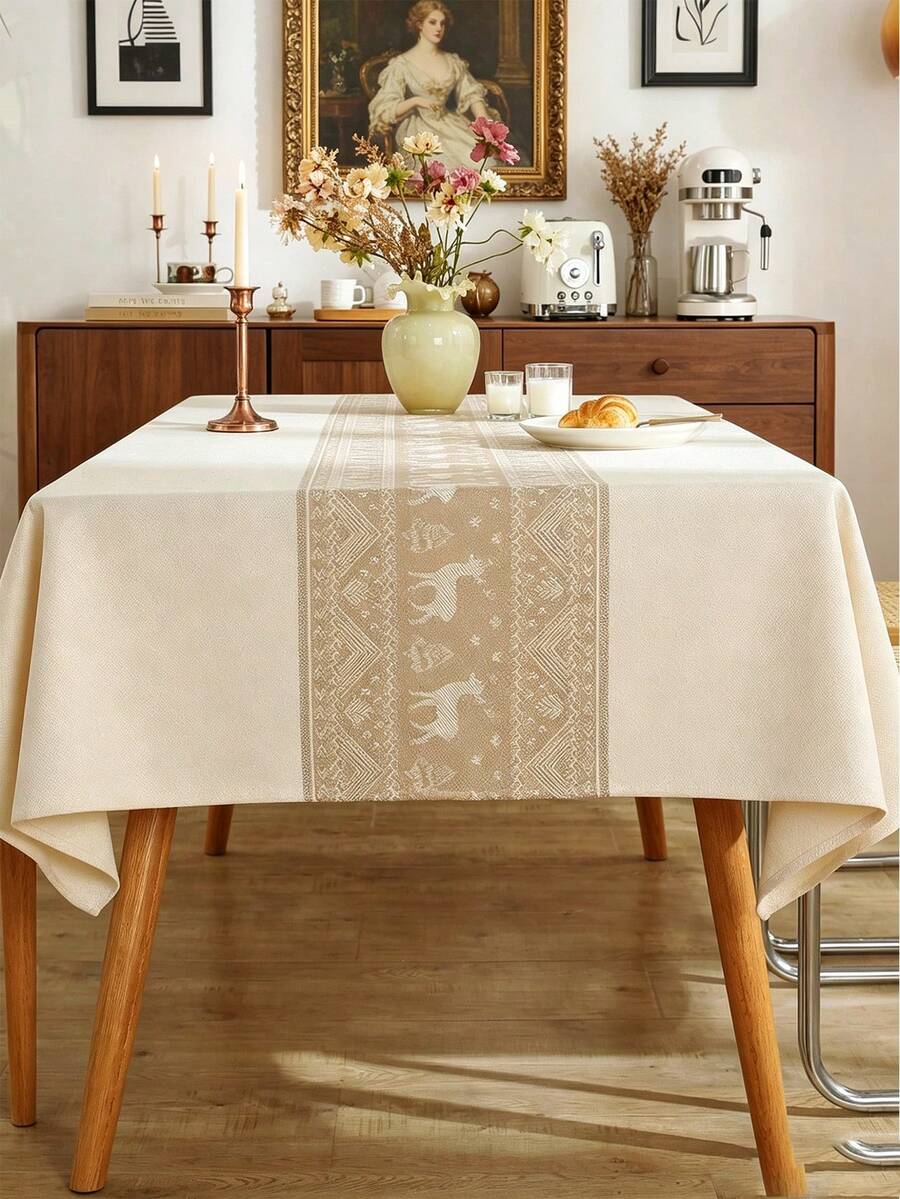 1pc Beige & Coffee Reindeer Pattern Table Cover, Minimalist Nordic Style Table Cloth, Square Tabletop Protective Dust Cover, Suitable For Kitchen, Wedding, Coffee Table, Ideal For Summer & Autumn Events, Table Decor Table Cloth Rectangle - New Year Essentials - For Christmas Gift - Coffee Brown - View 1