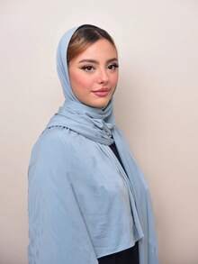 1pc Women's Minimalist Classic Solid Color Elegant Casual Scarf, Premium Knit Modal Jersey Hijabs Scarf, Long Scarf Style Turban Headwrap, Suitable For Daily Life, Travel And Gatherings - Baby Blue - View 3