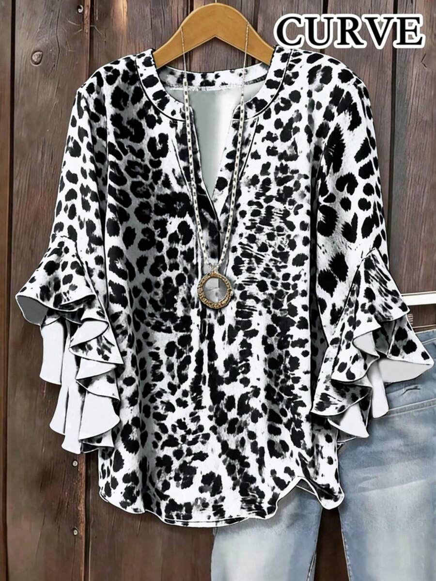 Plus Size Women Leopard Print Ruffle V-Neck Blouse Vacation Black - Black - View 1