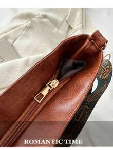 Bolsa Balde Feminina PU de Alta Qualidade, Alça Larga Estampada Ajustável, Estilo Street Casual para Uso Diário bolsas feminina transversal bolsas feminina bolsa bolsa transversal - Castanho - Visão 5