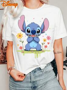 Disney Lilo & Stitch Spring Flower Graphic Tee, 100% Cotton Crew Neck Short Sleeve T-Shirt For Women, Cute Casual Top - White - View 1