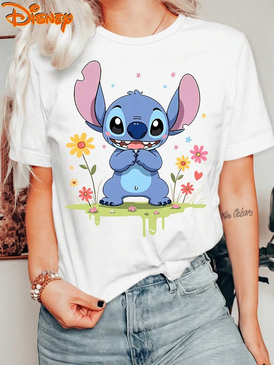 Disney Lilo & Stitch Spring Flower Graphic Tee, 100% Cotton Crew Neck Short Sleeve T-Shirt For Women, Cute Casual Top - White - View 1