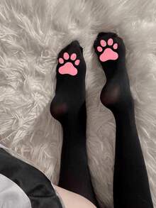 1 Pair Black/White Cute Cartoon Cat Paw Pad Over-The-Knee Socks - Multicolor - View 10