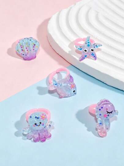 5pcs/Set Kids Casual Cute Ocean Animal Ring Set, Suitable For Daily Wear, Holiday Parties, Vacations, Birthday Gifts