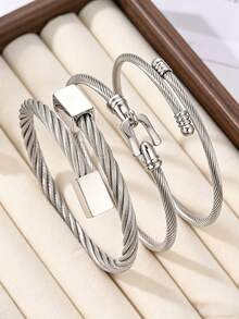 3 buah Gelang Kepang Putar Minimalis Premium dari Baja Tahan Karat untuk Wanita, Serbaguna - Perak - View 3