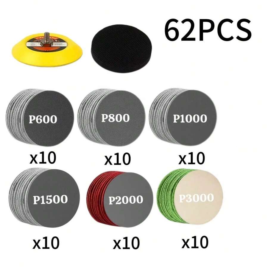62片 3英吋硬合金乾濕兩用砂輪片,600/800/1000/1500/2000/3000號砂紙組,附氣動砂輪墊與泡棉緩衝墊,適用於汽車車身、木材、金屬、玻璃拋光精整 - 62件 - 查看 1